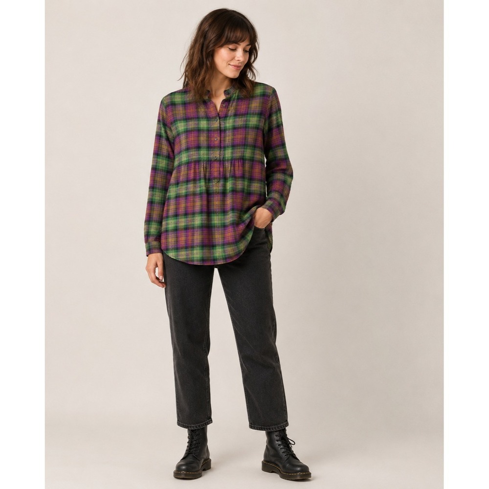 Lands End Flannel Popover Top Women 10 Green Purple Plaid Cotton Mandarin Collar